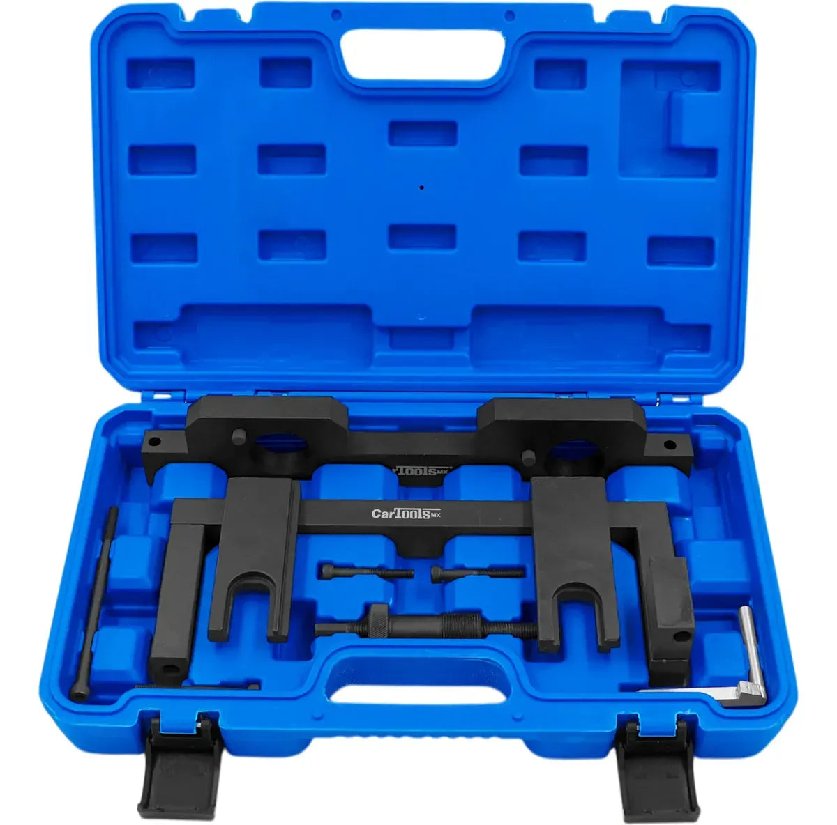 Este Kit Profesional de Sincronización y Puesta a Tiempo para Motores BMW N20 y N26 (OEM 119340 / 2212831 / 2212830 / 2219548) de CARTOOLS MX es el utillaje mecánico especializado de alta resistencia indispensable para fijar los árboles de levas de admisión y escape, alinear los discos transmisores del sistema VANOS e inmovilizar el cigüeñal en su Punto Muerto Superior (PMS) con exactitud de nivel agencia.