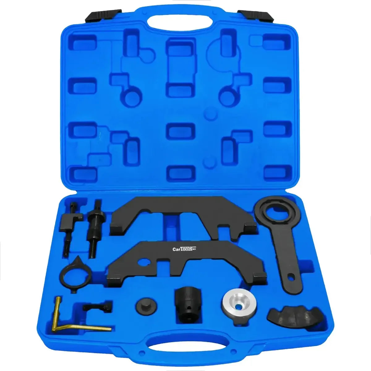 Este Kit Profesional de Sincronización y Puesta a Tiempo para Motores BMW V8 N62 y V12 N73 (OEM 119460 / 119461 / 119462 / 119463 / 119190 / 119340) de CARTOOLS MX es el utillaje mecánico especializado de alta resistencia diseñado para inmovilizar los árboles de levas de admisión y escape en ambas bancadas, calibrar los ángulos de los variadores VANOS y bloquear el cigüeñal en su Punto Muerto Superior (PMS) con precisión de nivel agencia.