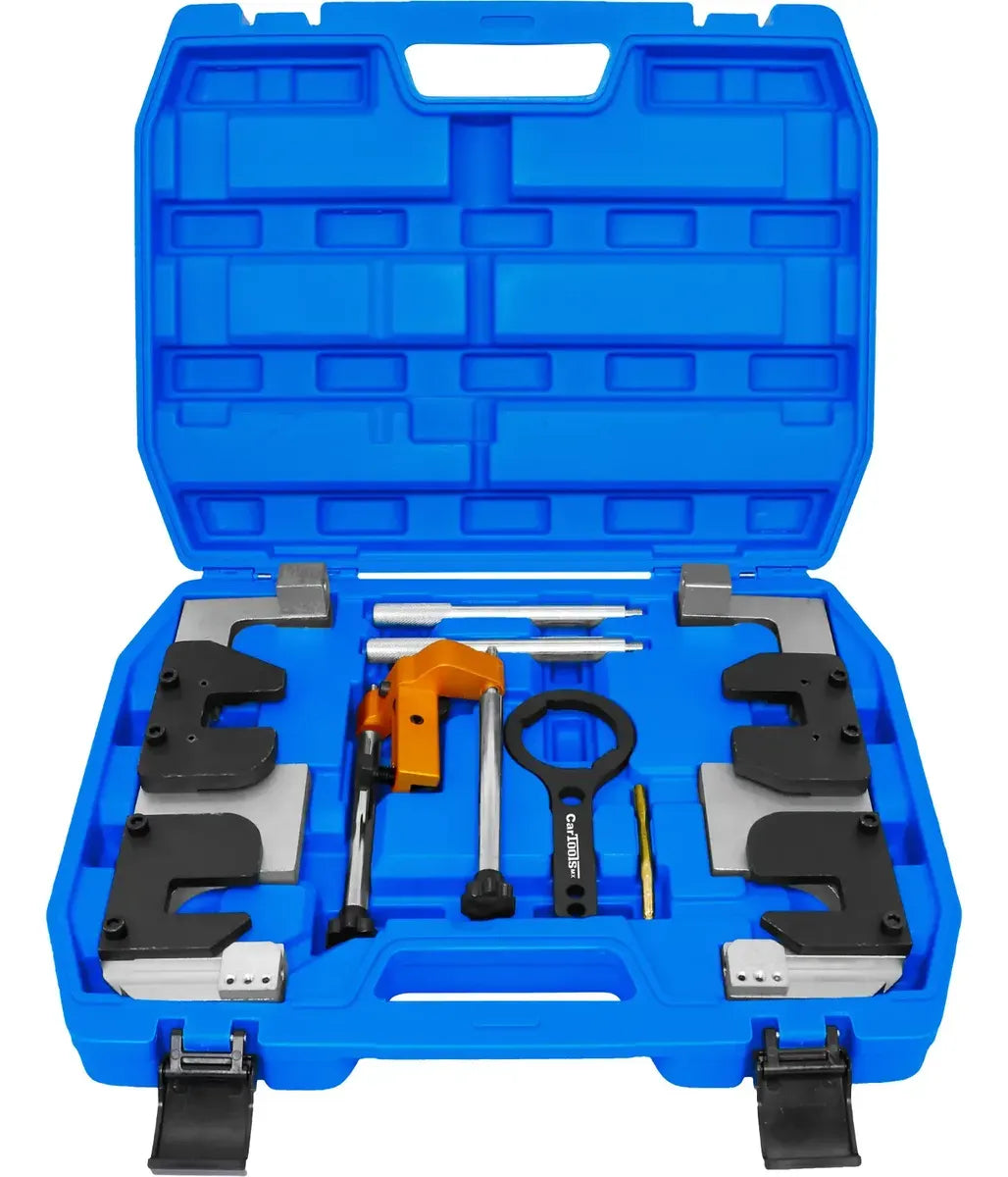Este Kit Profesional de Sincronización y Puesta a Tiempo para Motores BMW V8 Twin-Turbo S63 y N63 con Valvetronic (OEM 2249117 / 2249140 / 2249144 / 2249159 / 2249162 / 118570 / 119190) de CARTOOLS MX es el utillaje mecánico especializado de alta resistencia indispensable para fijar los árboles de levas en Punto Muerto Superior (TDC/PMS), calibrar el ángulo exacto del VANOS y bloquear el cigüeñal en ambas bancadas con estándar de agencia.