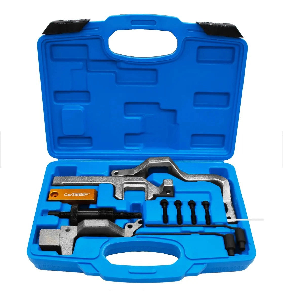 Este Kit Profesional de Sincronización y Puesta a Tiempo para Motores MINI, BMW, Peugeot y Citroën N12, N14, N16 y EP6 (OEM 11 9 590 / 11 9 540 / 11 9 340 / 11 9 550) de CARTOOLS MX incluye todas las herramientas de inmovilización rígida indispensables para fijar los árboles de levas de admisión y escape, trabar el cigüeñal en su Punto Muerto Superior (PMS) y preconprimir la cadena con exactitud de nivel agencia.