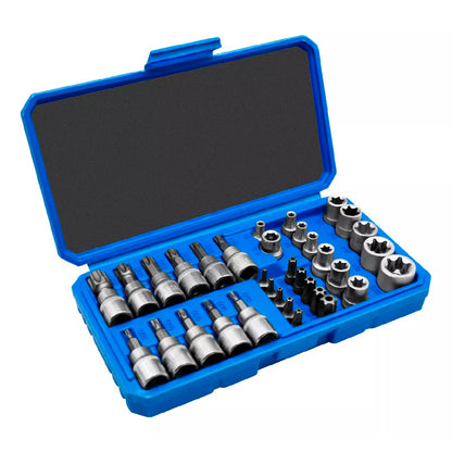 Juego De Dados Y Puntas 3/8 Torx, 34 Pz, Hembra Y Macho.
