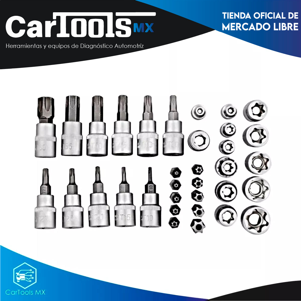 Juego De Dados Y Puntas 3/8 Torx, 34 Pz, Hembra Y Macho.