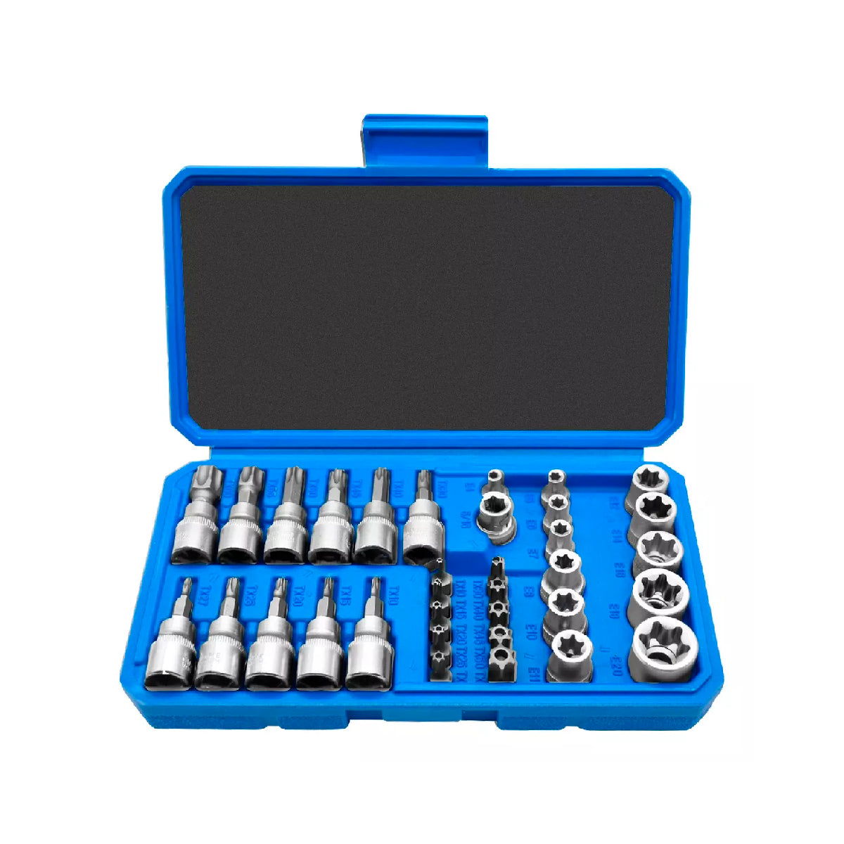 Juego De Dados Y Puntas 3/8 Torx, 34 Pz, Hembra Y Macho.