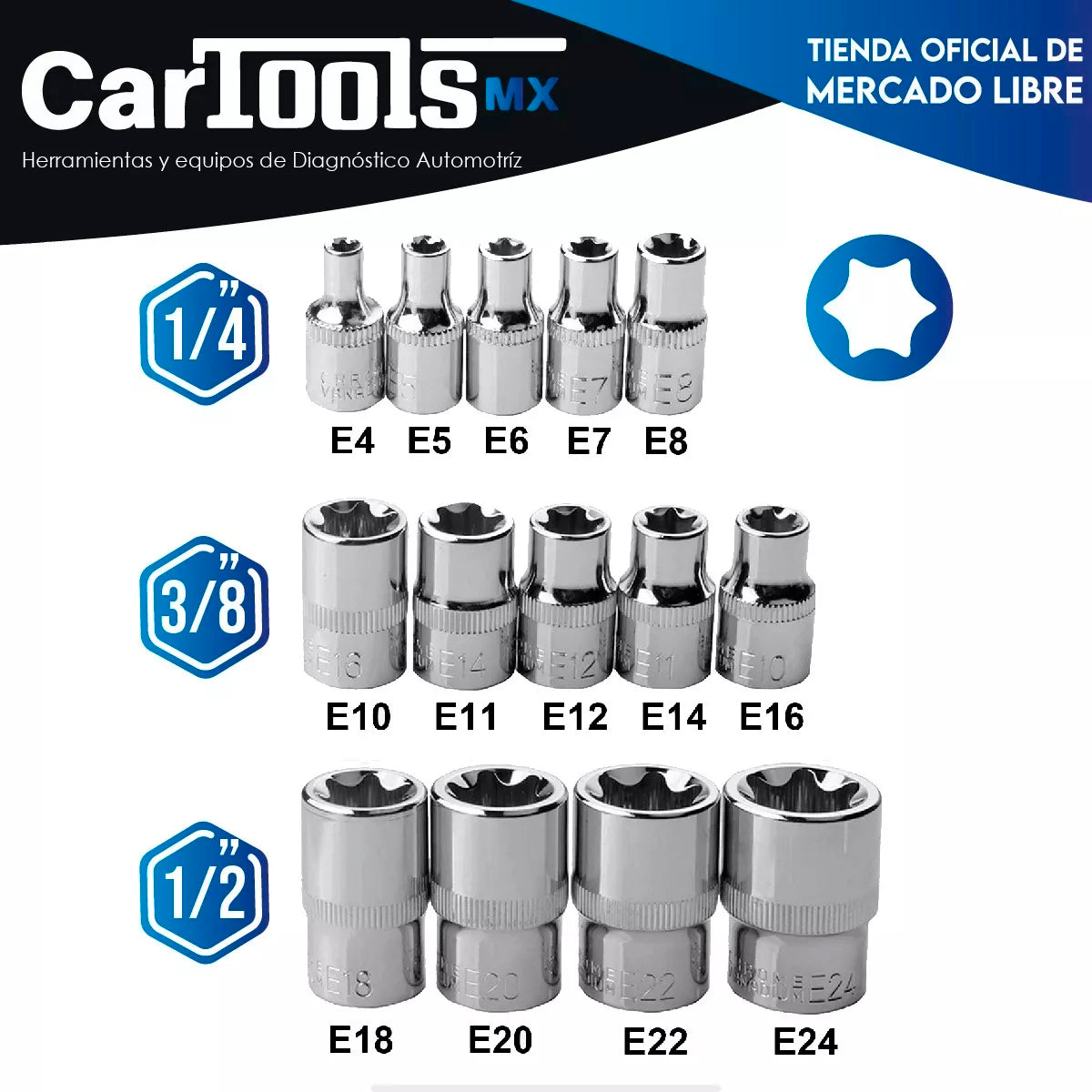 Juego De Dados Torx Hembra Entrada 1/4, 3/8 Y 1/2 14pz