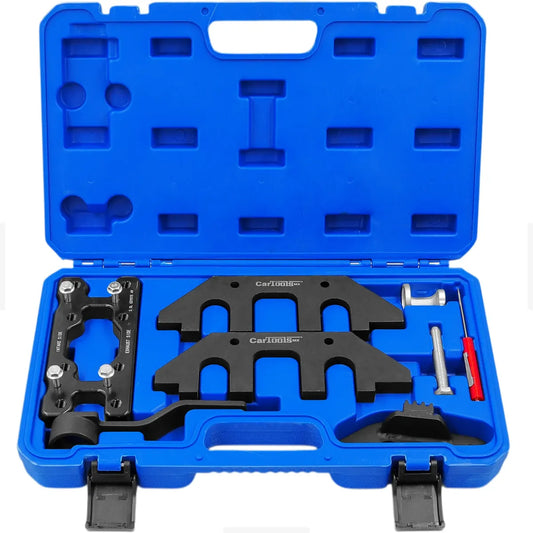 Este kit completo de sincronización cuenta con placas de alineación y pasadores fabricados en acero de alta resistencia, diseñados para inmovilizar los árboles de levas con exactitud milimétrica y garantizar un armado perfecto a la primera.